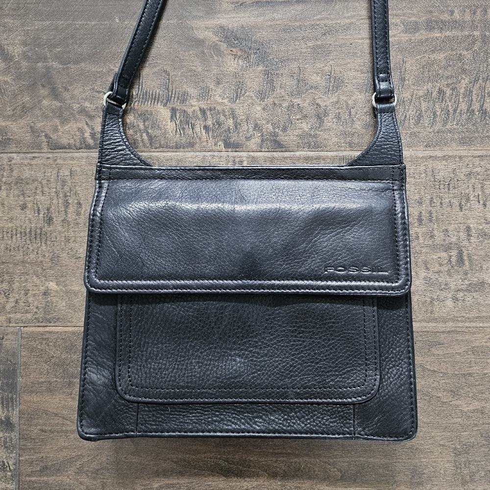 Vintage Rare Fossil Black Leather Crossbody Bag - Picture 2 of 8